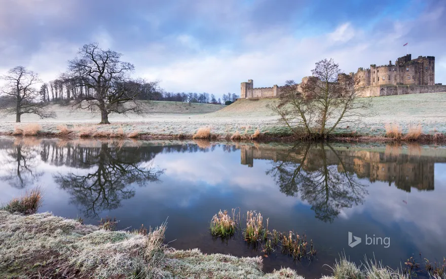 Alnwick Castle on a frosty winter morning in Northumberland, England