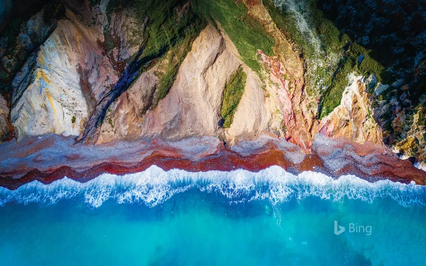 An aerial view of Alum Bay on the Isle of Wight, England