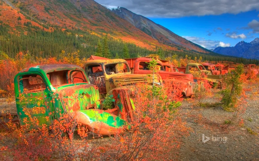 Abandoned army trucks on the North Canol Road, Yukon, Canada