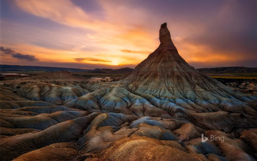Colorful sunset over Castildetierra, in the Natural Park of Bardenas Reales, Navarre, Spain