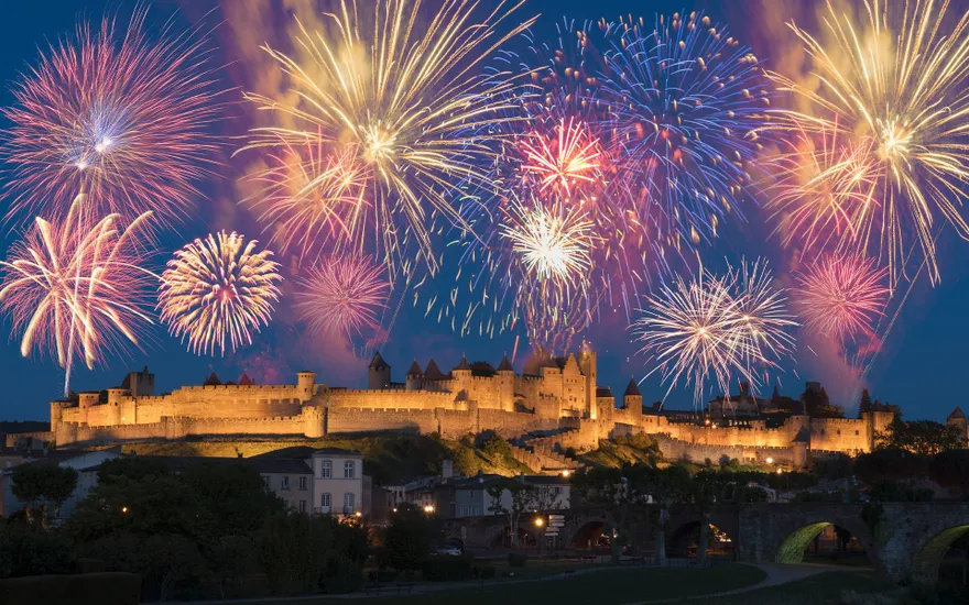 July 14 fireworks in Carcassonne, Occitanie