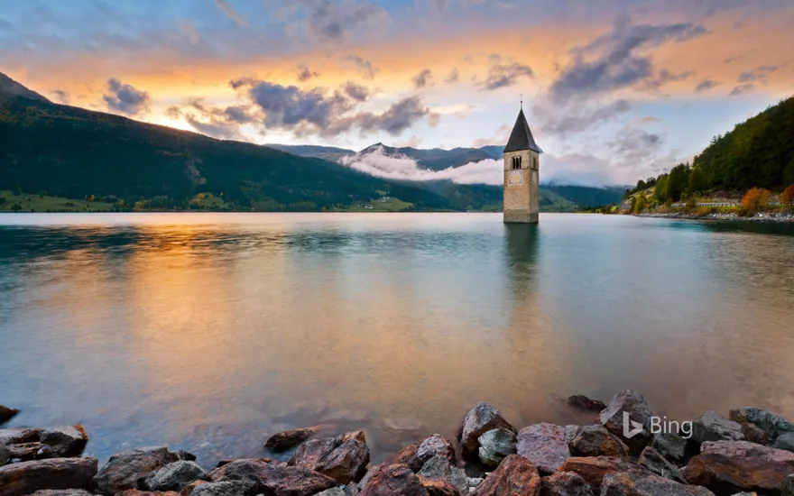 The bell tower in Lake Reschen in South Tyrol, Italy
