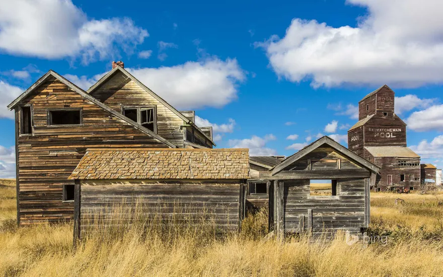 Buildings in an abandoned ghost town of Bents, Saskatchewan, Canada