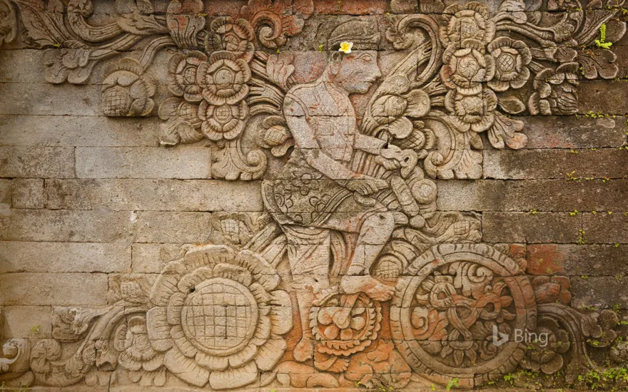 A carving of artist W.O.J. Nieuwenkamp at the Pura Meduwe Karang temple in Bali, Indonesia