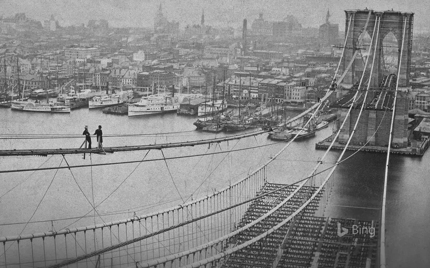 The Brooklyn Bridge under construction in New York, USA, in 1883