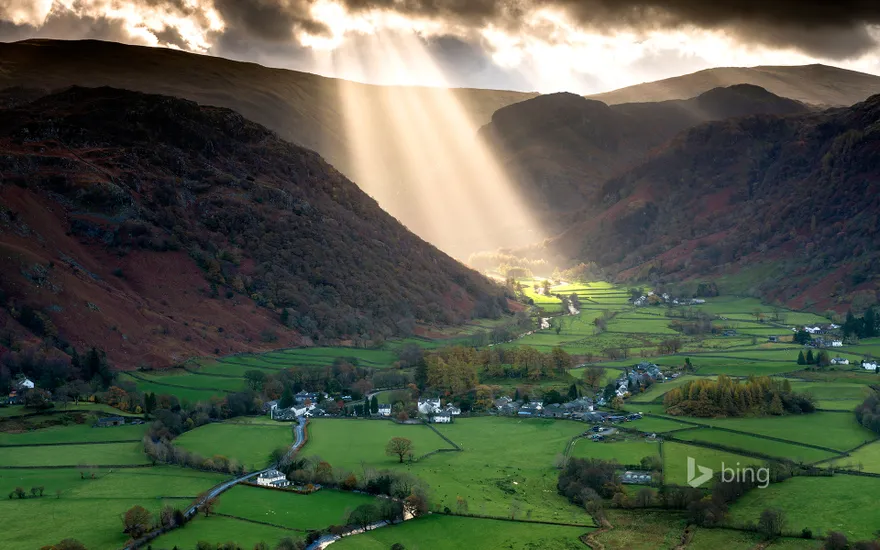 Shafts of light work their way across the Borrowdale valley in the English Lake District National park