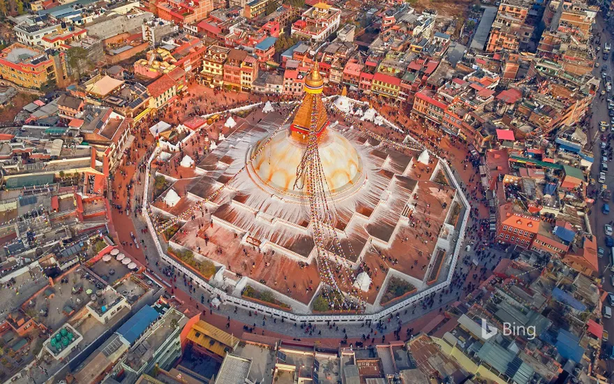 Aerial view of Boudhanath stupa in Kathmandu, Nepal