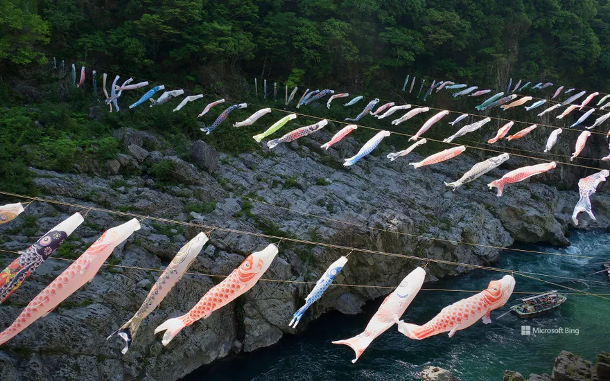 Carp streamers swimming in Oboke Gorge, Tokushima Prefecture