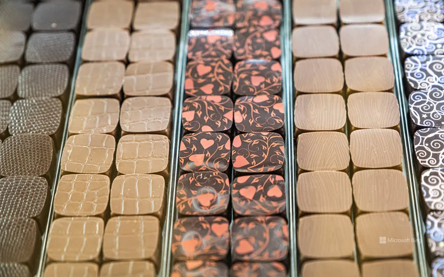 Different types of chocolates in a shop window
