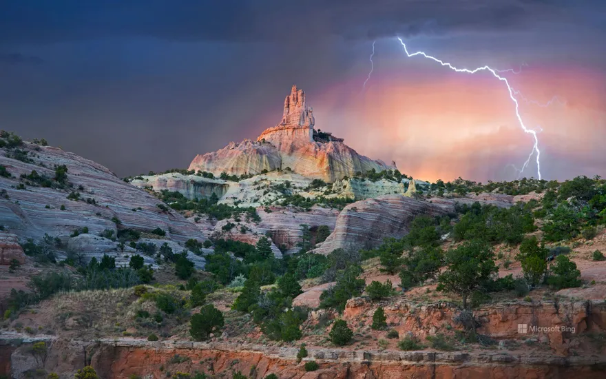 Lightning strikes near Church Rock, Red Rock Park, New Mexico