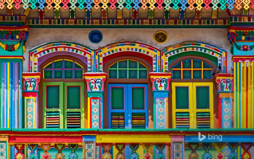 Colourful façade of a building in Little India, Singapore
