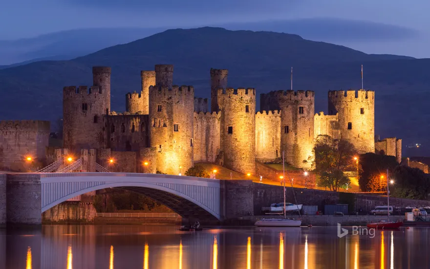 Conwy Castle illuminated at night, Conwy