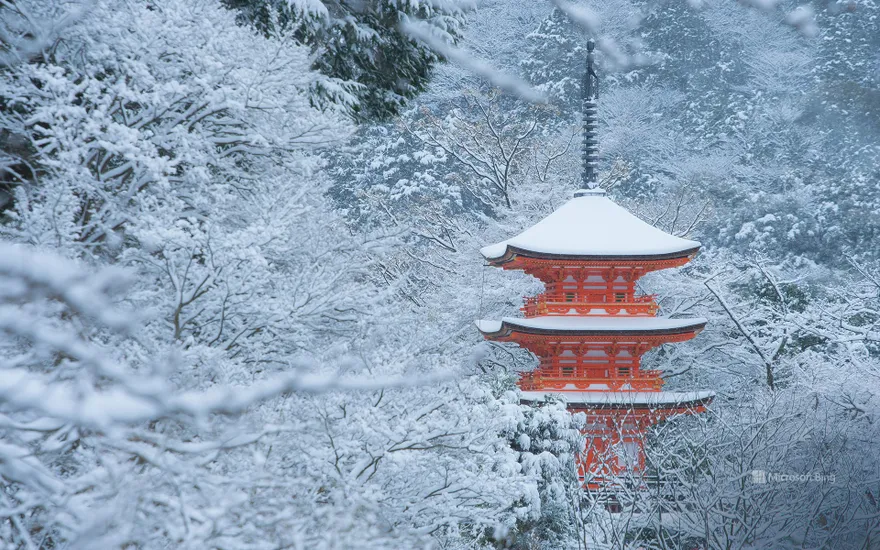 Kiyomizudera covered in snow, Kyoto