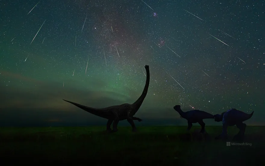 Perseid meteor shower photographed at the Dinosaur Museum of Erenhot in Inner Mongolia, China