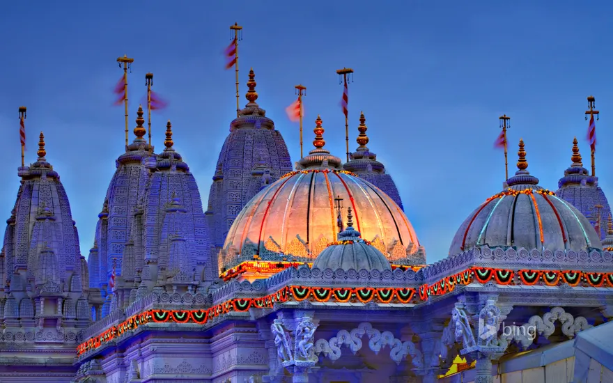BAPS Shri Swaminarayan Mandir (Neasden Temple) decorated for Diwali, London, England