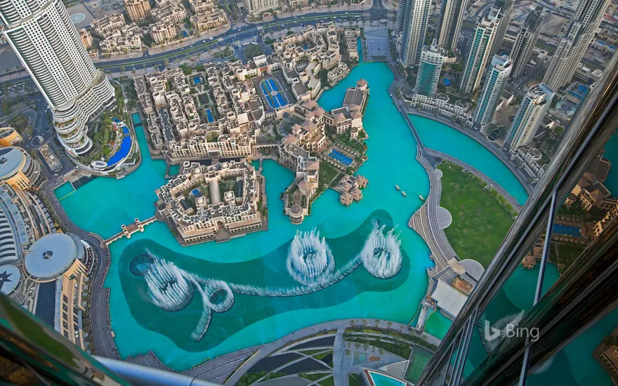 Dubai Fountain in the Burj Lake, taken from the Burj Khalifa, Dubai, UAE