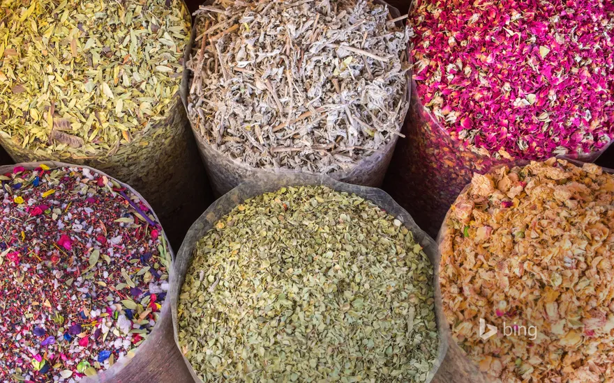 Dried flowers and herbs at the Dubai Spice Souk in Dubai, United Arab Emirates