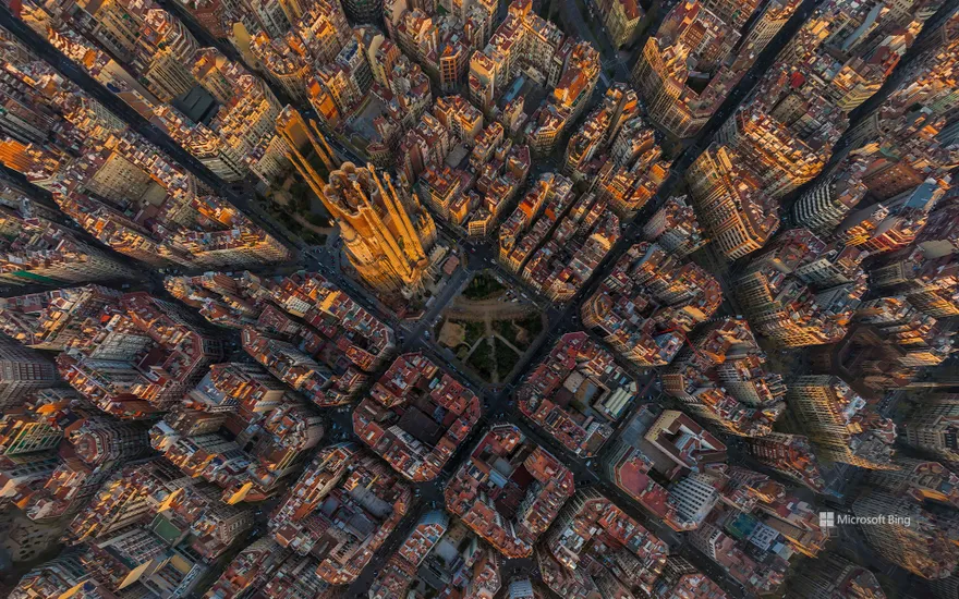 Aerial image of La Sargrada Familia, Barcelona, Spain