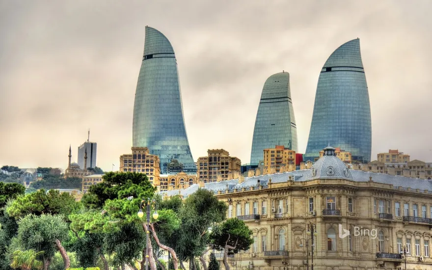 Flame Towers and skyline of Baku, Azerbaijan