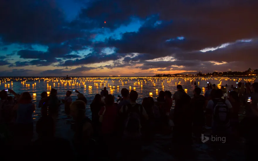 Lantern floating ceremony at Ala Moana Beach Park, Oahu, Hawaii