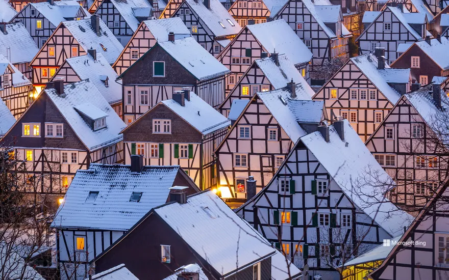 Snow-covered half-timbered houses in Freudenberg near Siegen, North Rhine-Westphalia