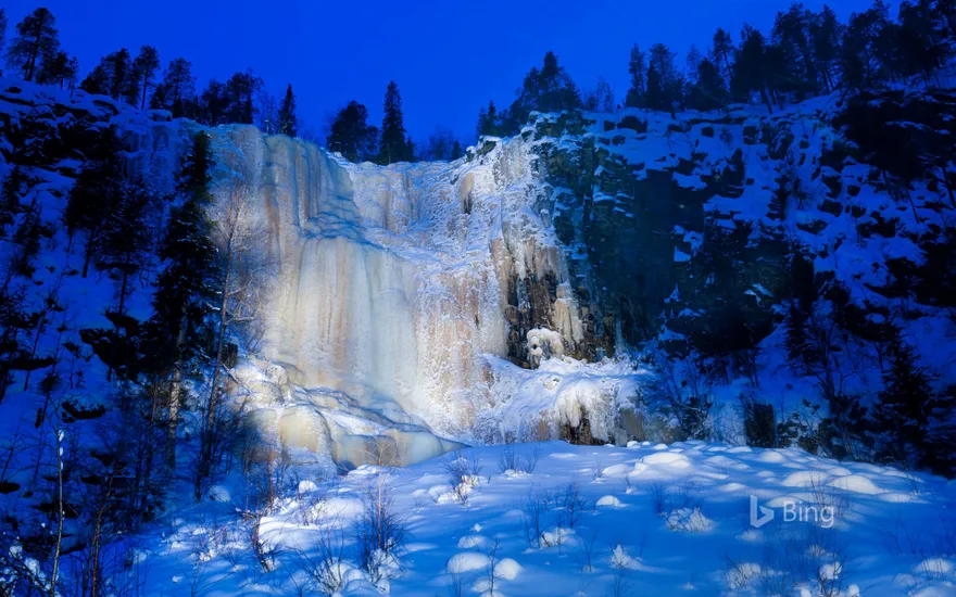A frozen waterfall in Korouoma, Finland