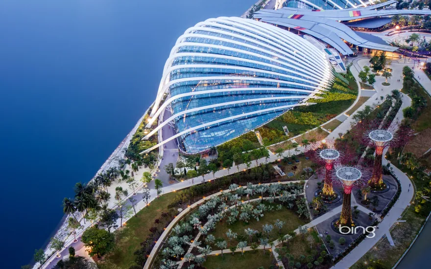 Aerial view of Gardens by the Bay and the Supertrees Grove, Singapore City, Singapore