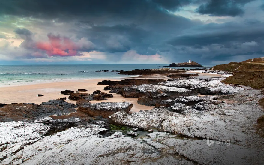 Looking out to Godrevy Lighthouse in St Ives Bay, Cornwall, England