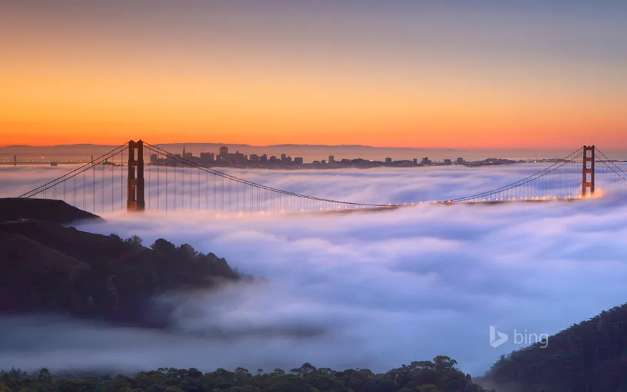 A fog-shrouded Golden Gate Bridge in San Francisco, California
