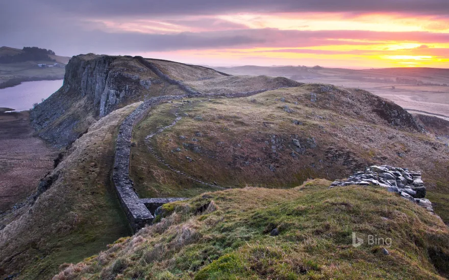 Sunrise over Hadrian's Wall at Steel Rigg in Northumberland, England