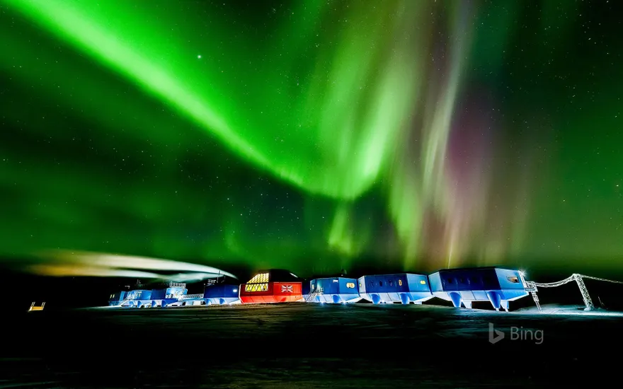 Aurora australis over the Halley VI Research Station in Antarctica
