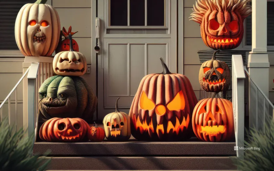 Halloween jack-o'-lanterns on a porch
