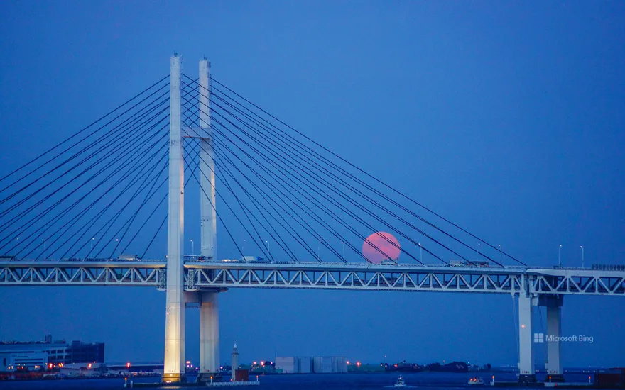 Yokohama Bay Bridge and full moon, Yokohama City, Kanagawa Prefecture