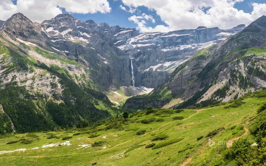 Panoramic view of the Gavarnie waterfall in the French Pyrenees