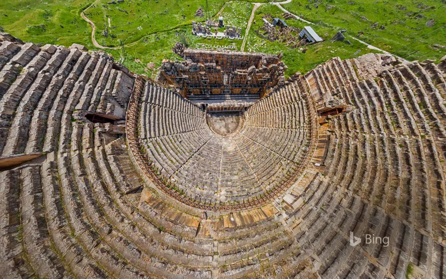 Aerial view of the theater at the ancient city of Hierapolis, adjacent to Pamukkale, Turkey