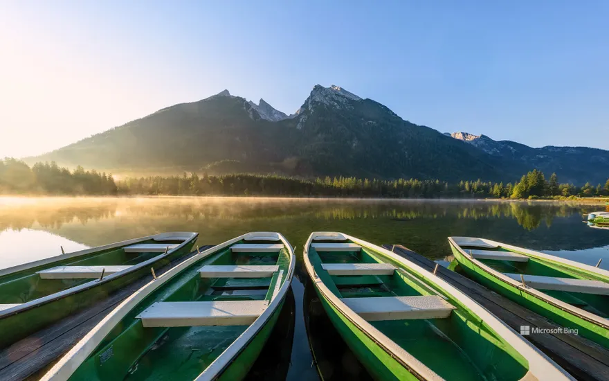 Row of boats at Hintersee lake, Bavaria, Germany