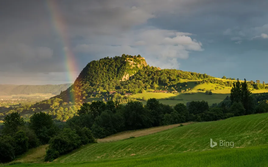 View of the Hohentwiel in the Hegau with rainbow, Baden-Württemberg
