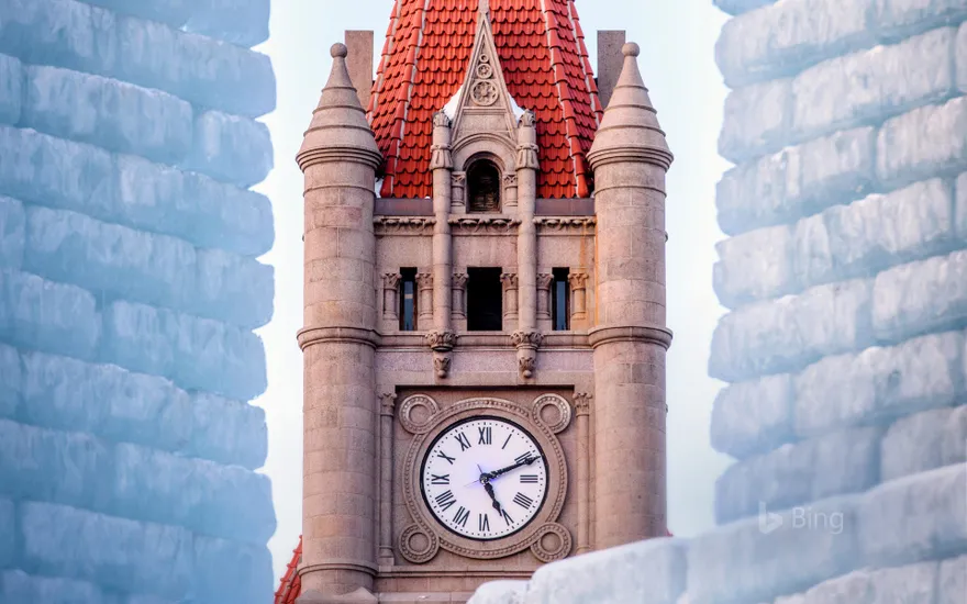 Landmark Center clock tower and Winter Carnival Ice Palace in St. Paul, Minnesota