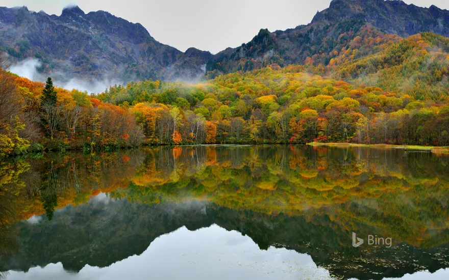 Autumn colors reflected in Mirror Pond (Kagami-ike), Nagano, Japan