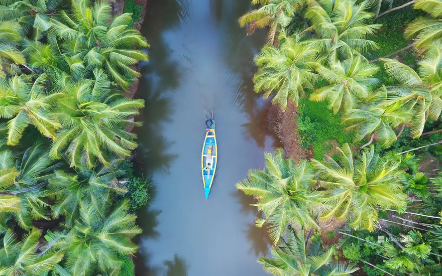 Aerial view of a boat in Kerala, India