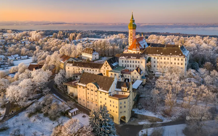 Winter morning mood at Andechs Monastery in Bavaria with a view of the Ammersee