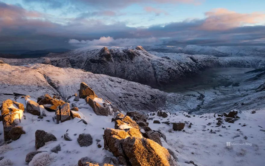 The Langdale Pikes in winter under fresh snow, Lake District, Cumbria