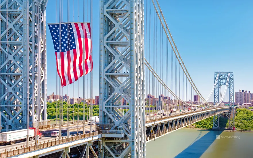 The George Washington Bridge displays the American flag in honor of Flag Day, June 14, 2016, Fort Lee, New Jersey