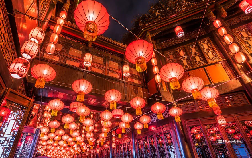 Red Chinese lanterns hanging on Jinli Street, Chengdu, Sichuan Province, China