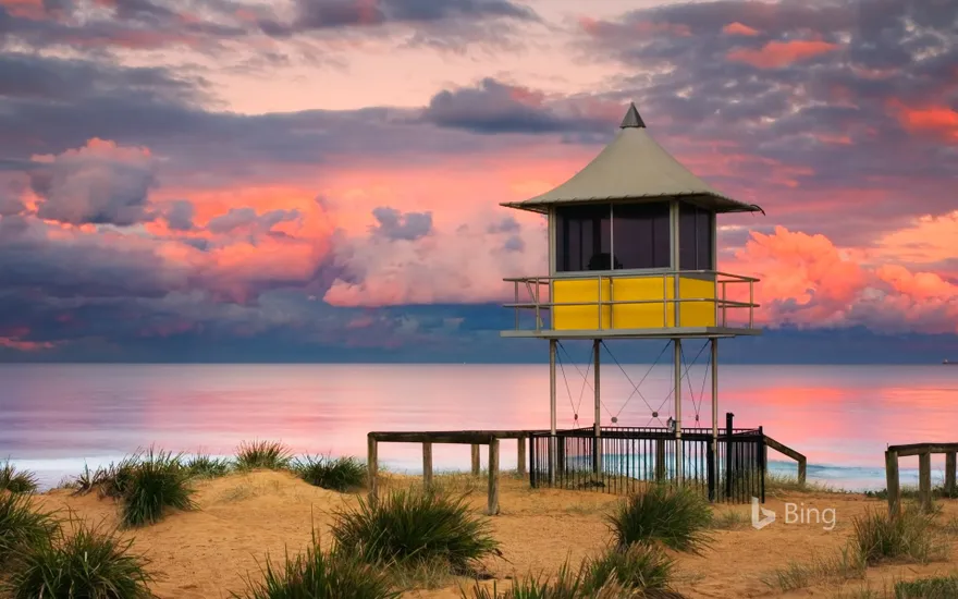 Lifeguard shack at sunset on The Entrance beach, Central Coast, New South Wales, Australia