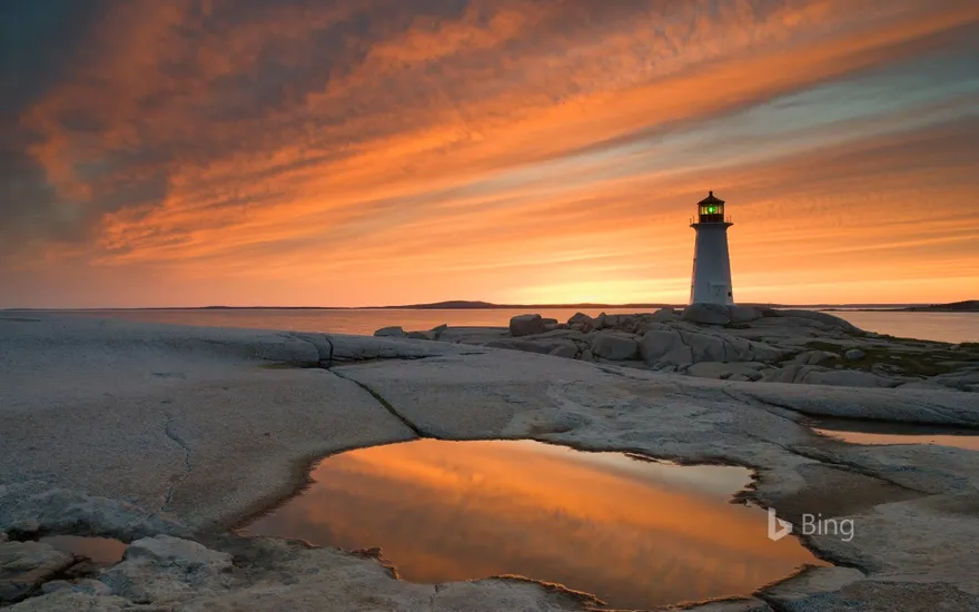 Peggy's Cove Lighthouse at dusk, Nova Scotia, Canada