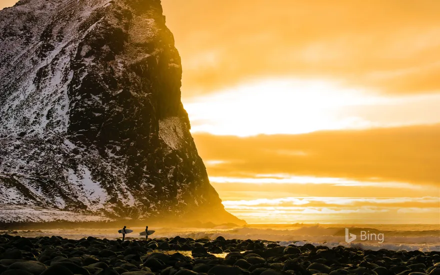 Surfers in the Lofoten Islands, Norway