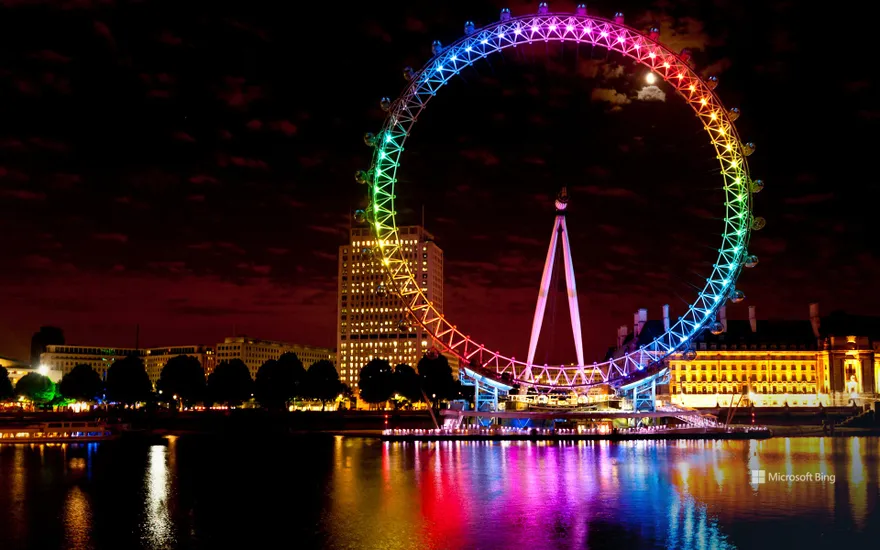 London Eye lit up with the rainbow colours during Pride Night