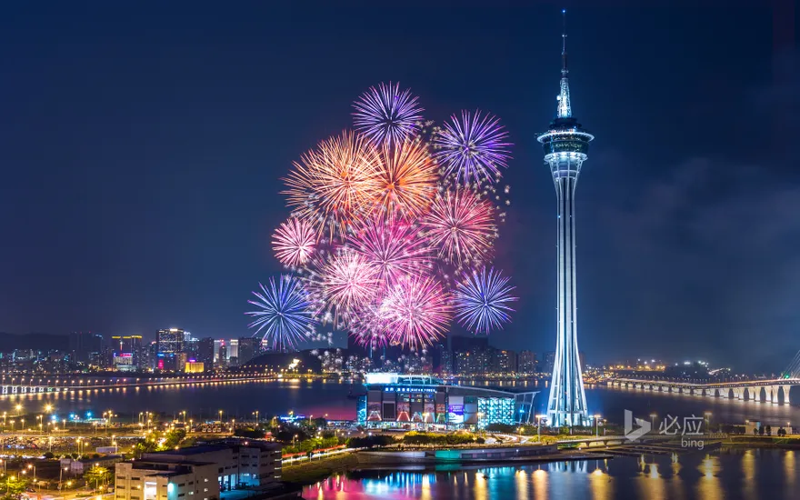 Gorgeous fireworks bloom over the bay of Macau