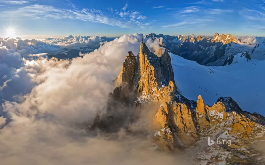 Aerial view of the Aiguille du Midi in the Mont Blanc massif, France